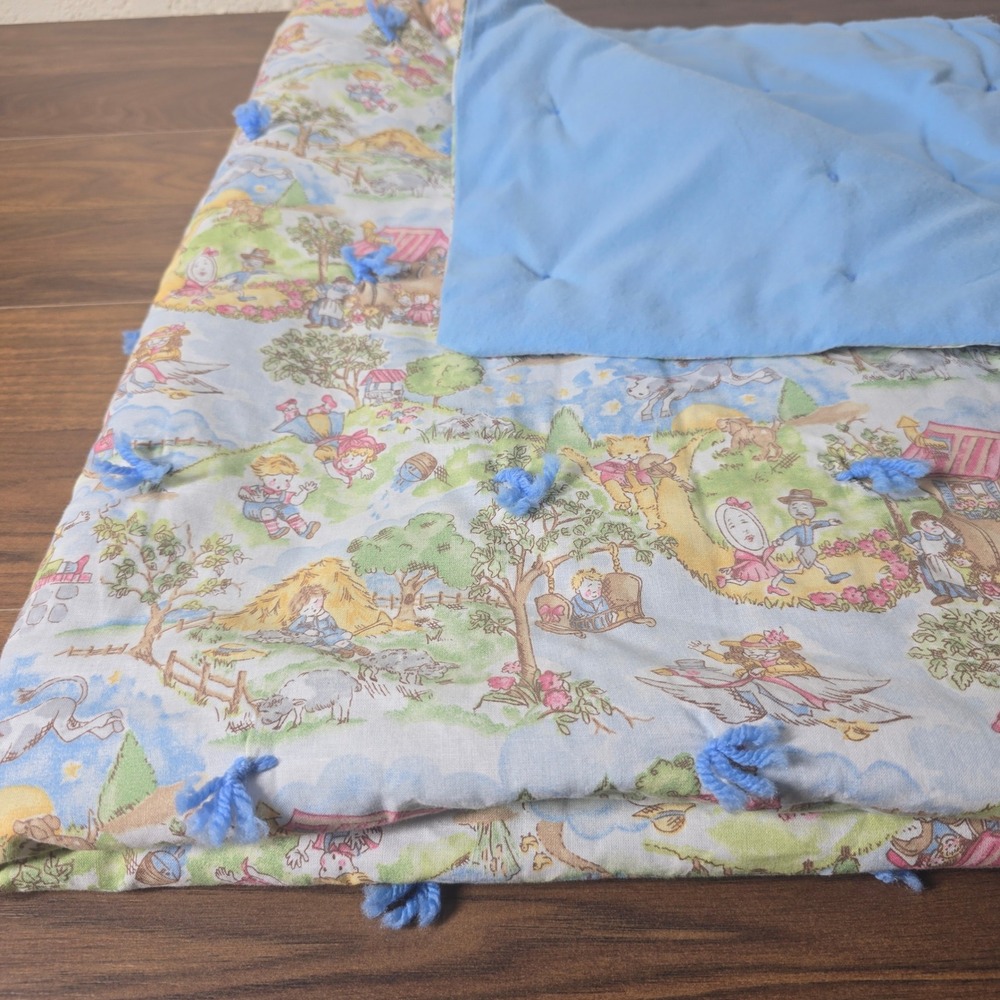 Vintage Childrens Quilted Blanket Play Mat Nursey Rhyme Scene Blue Pompom Ties